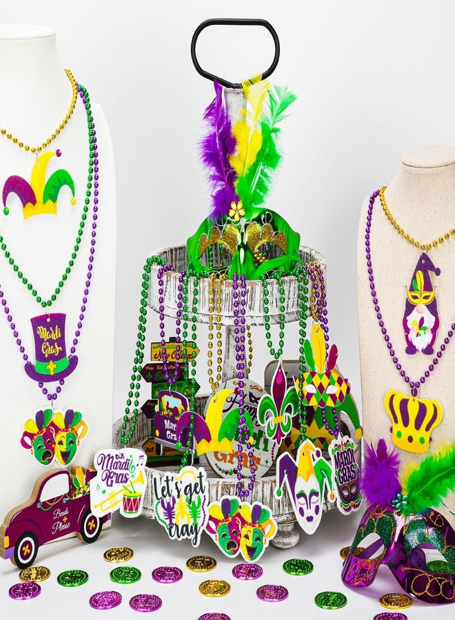 EOBOH 48PCS Mardi Gras Beads Throw, Mardi Gras Beads Necklace with Pendant, 12 Kinds Elements Green Purple Gold Accessories, Bead Necklace Costumes Mardi Gras Celebration Events Parade Throws Party Supplies - Image 4
